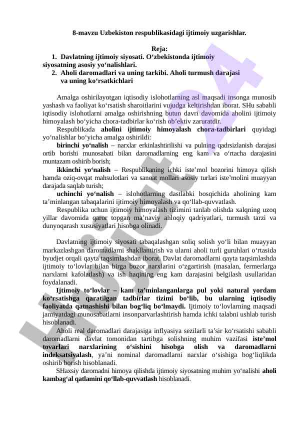 Ijtimoiy siyosat va aholi daromadlari o‘zbekiston mavzusi