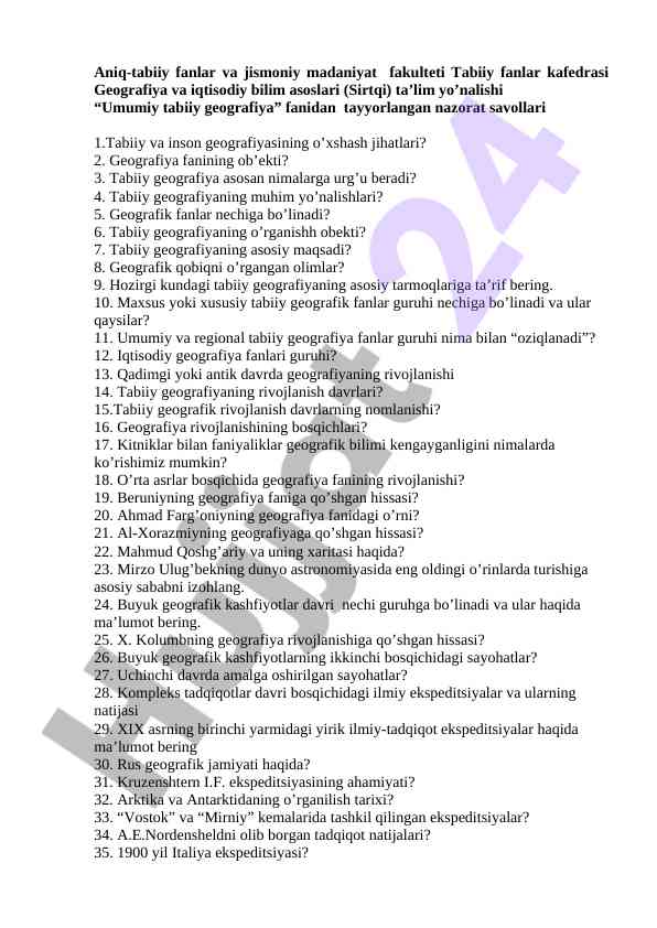 Umumiy tabiiy geografiya fanidan nazorat savollari