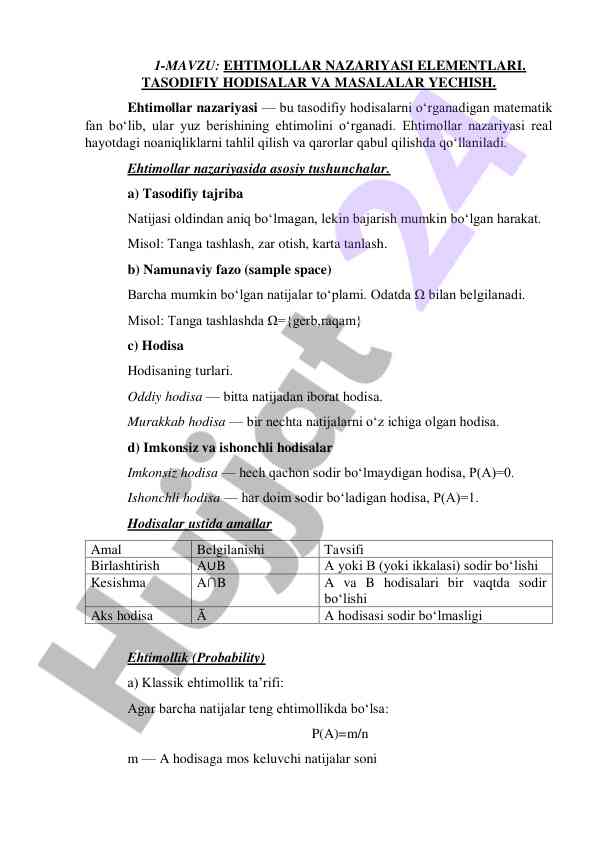 Ehtimollar nazariyasi elementlari va tasodifiy hodisalar
