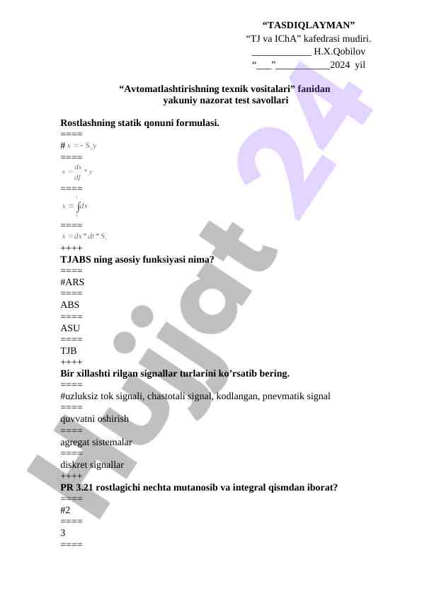 Avtomatlashtirishning texnik vositalari bo‘yicha testlar