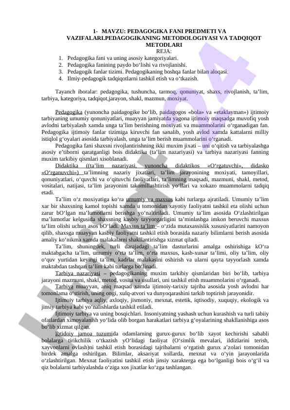 Pedagogika fani va vazifalari tashkiloti