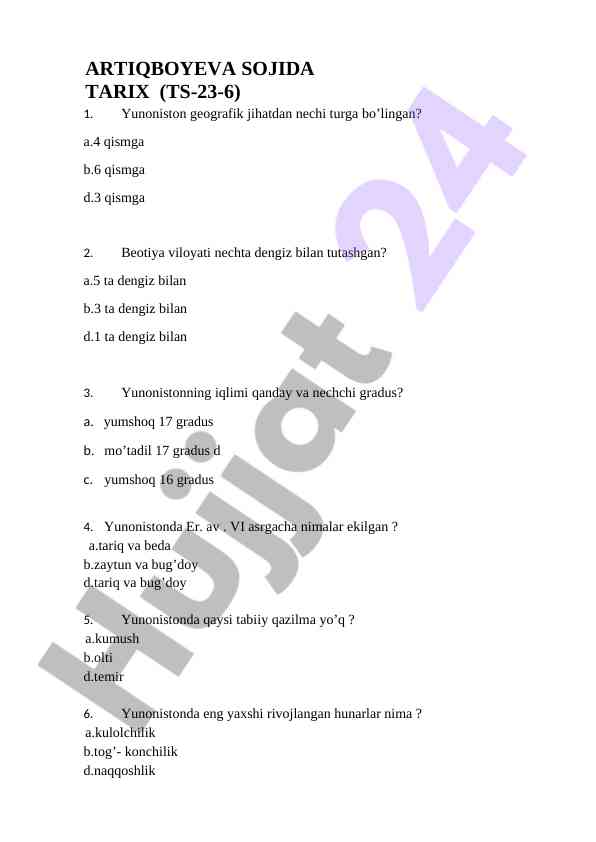 Yunoniston geografiyasi va tarixi haqida test
