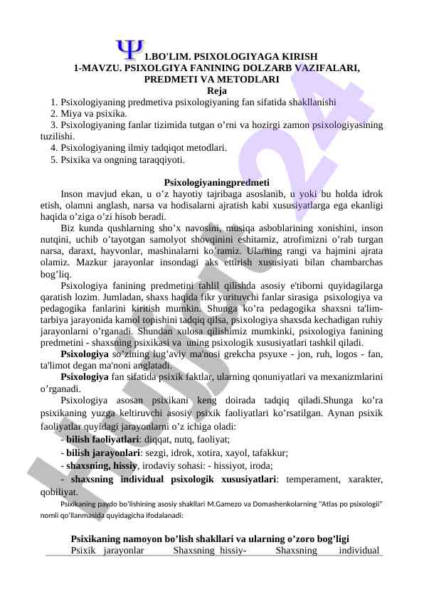 Psixologiyaning asosiy elementlari va metodlari