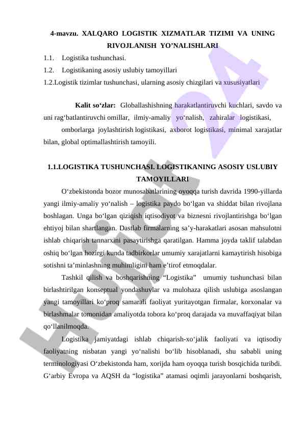 Xalqaro logistik xizmatlar tizimi va uning rivojlanish yo'nalishlari