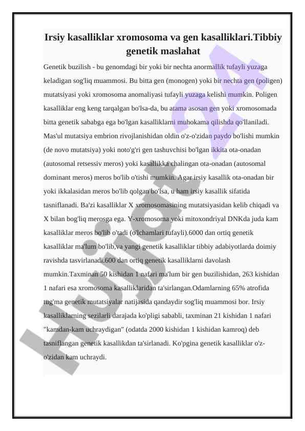 Irsiy kasalliklar va genetik buzilishlar tahlili