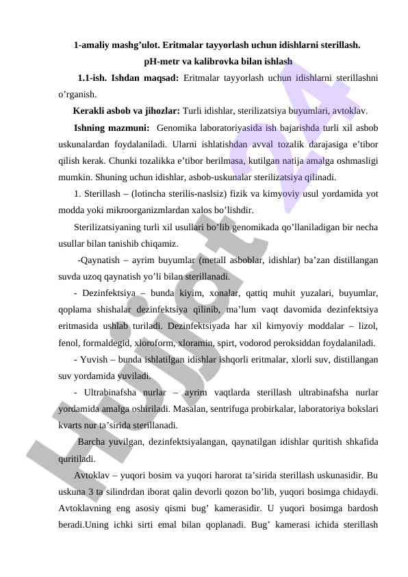 Eritmalar tayyorlashda idishlarni sterillash usullari