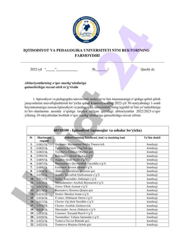 Abituriyentlar uchtirish ruxsatnomasi 2022-2023