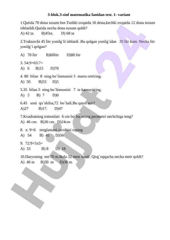 3-sinf matematika va tabiiy fanidan test savollari