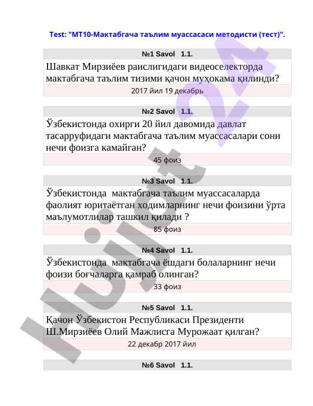 Mt10-maktabgacha ta'lim muassasasi metodisti test
