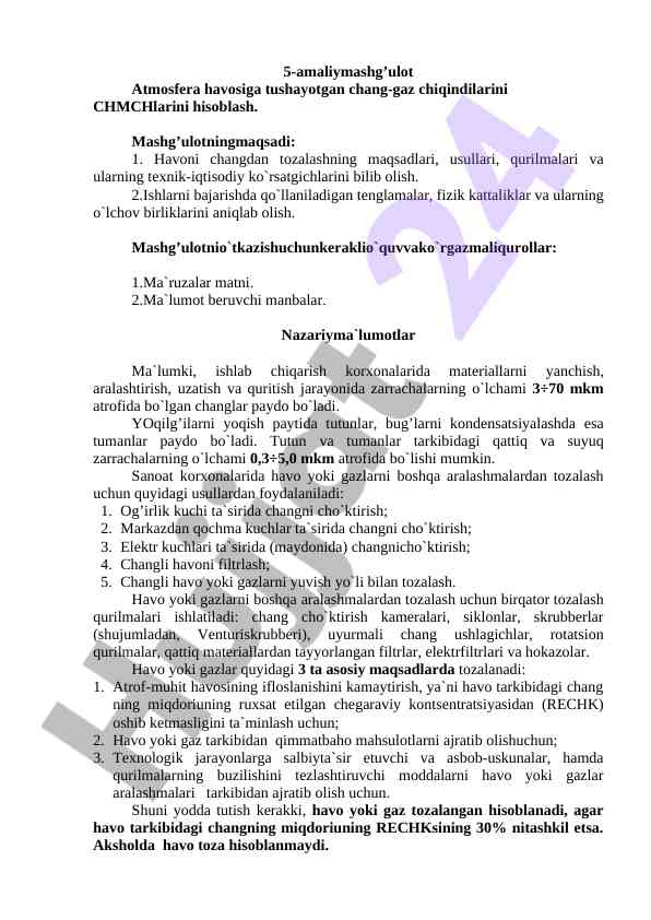 Atmosfera havosiga tushayotgan chang-gaz chiqindilari