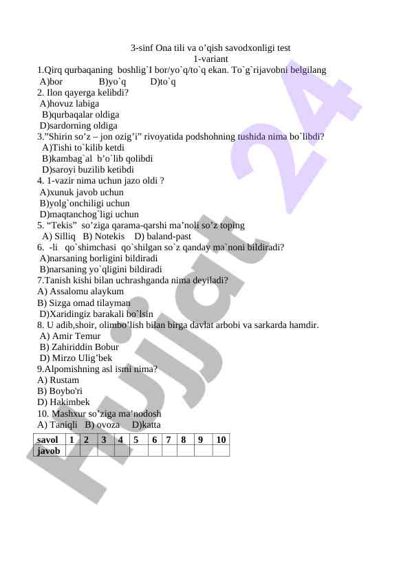 3-sinf ona tili va o'qish savodxonligi test