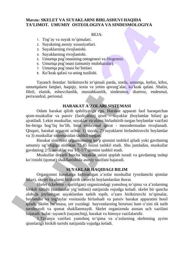 Skelet va suyaklarni birlashuvi haqida ta’limot