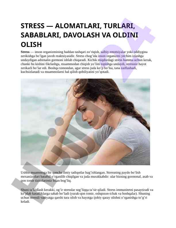 Stress alomatlari turlari sabablari davolash