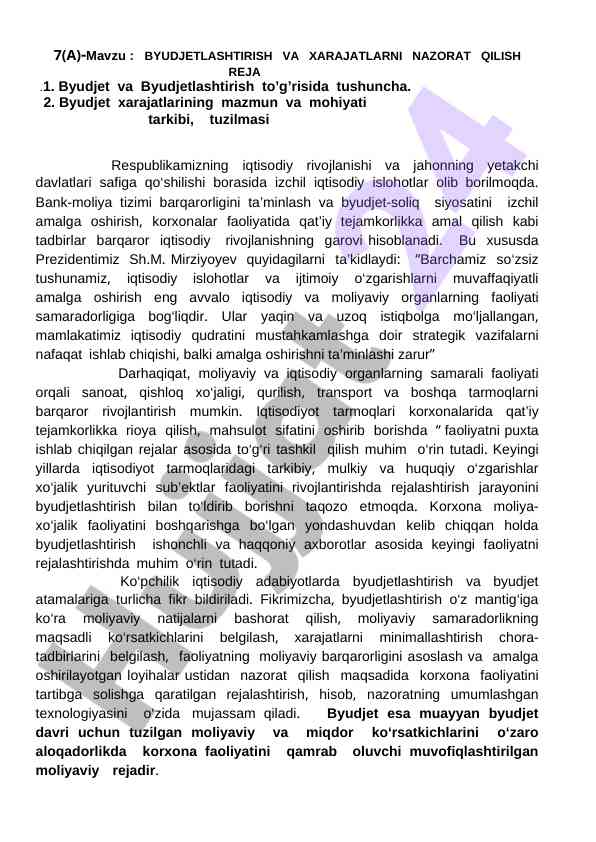Byudjetlashtirish va xarajatlarni nazorat qilish