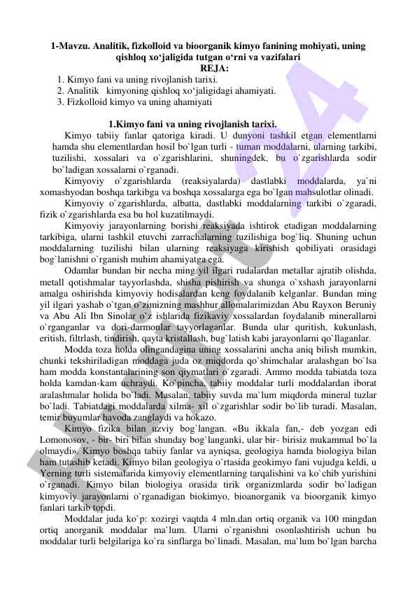 Analitik kimyo va qishloq xo‘jaligida tutgan o‘rni