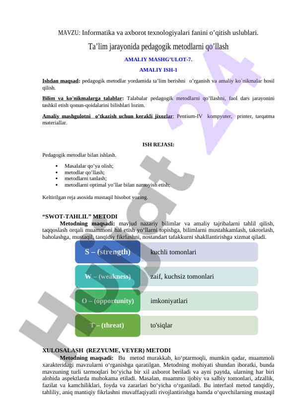Informatika va axborot texnologiyalari fanini o‘qitish