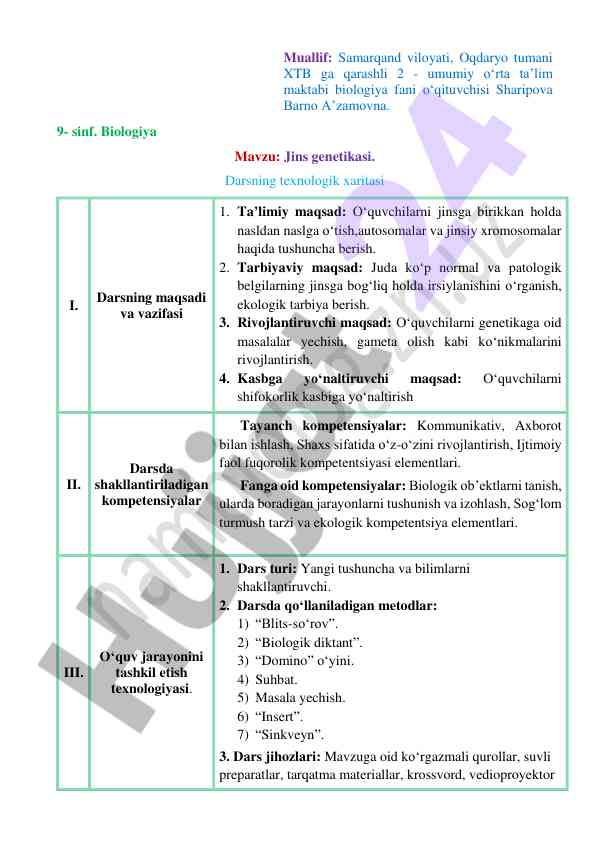 Jins genetikasi mavzusi bo'yicha dars ishlanmasi