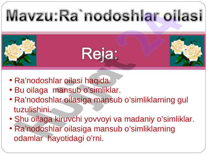 Ra’nodoshlar oilasi va o’simliklar turlari