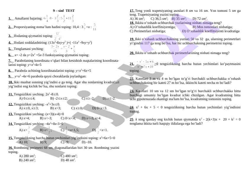 9-sinf matematik test 1 amallarni bajaring