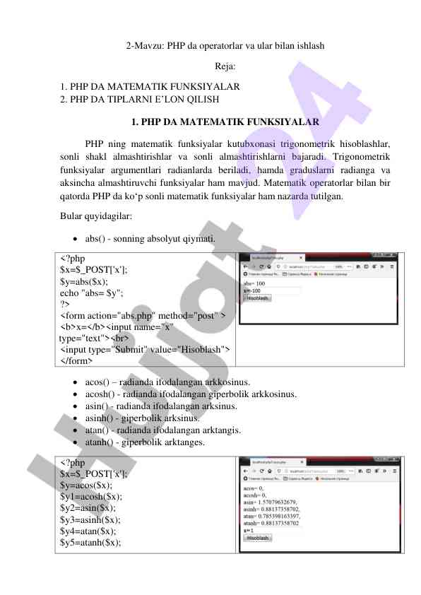 Php da operatorlar va ular bilan ishlash
