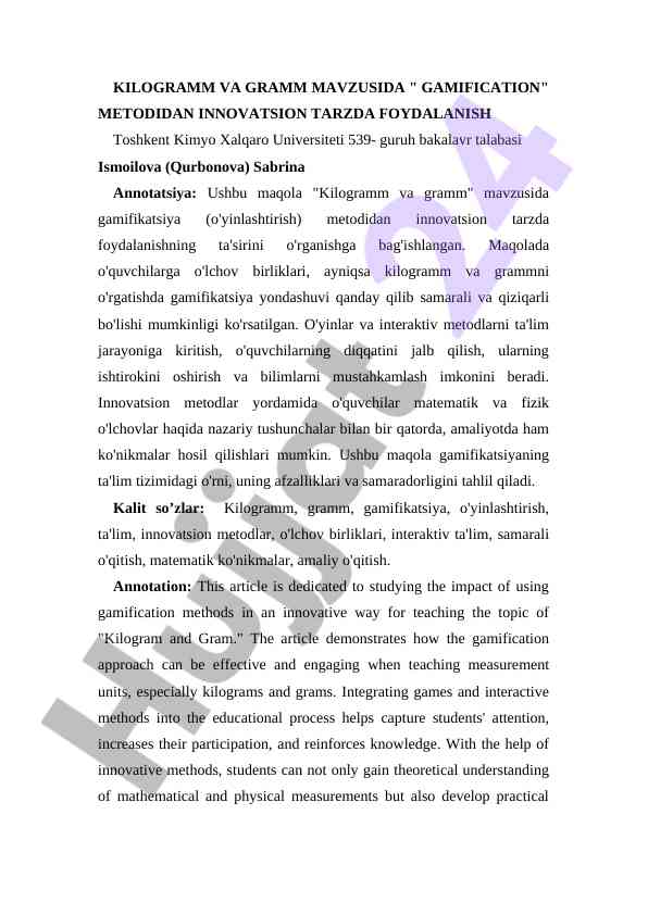 Gamification metodi bilan kilogramm va grammni o‘rganish