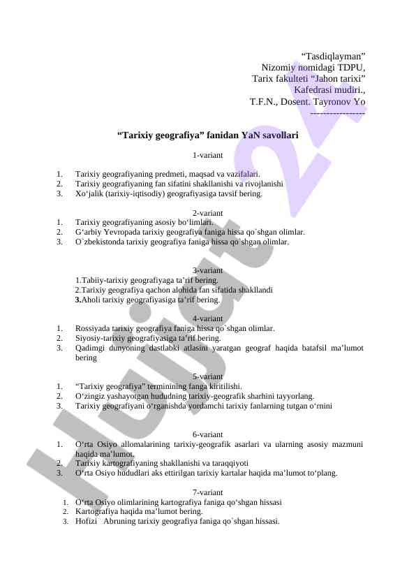 Tarixiy geografiya fanidagi savollar 1-variant