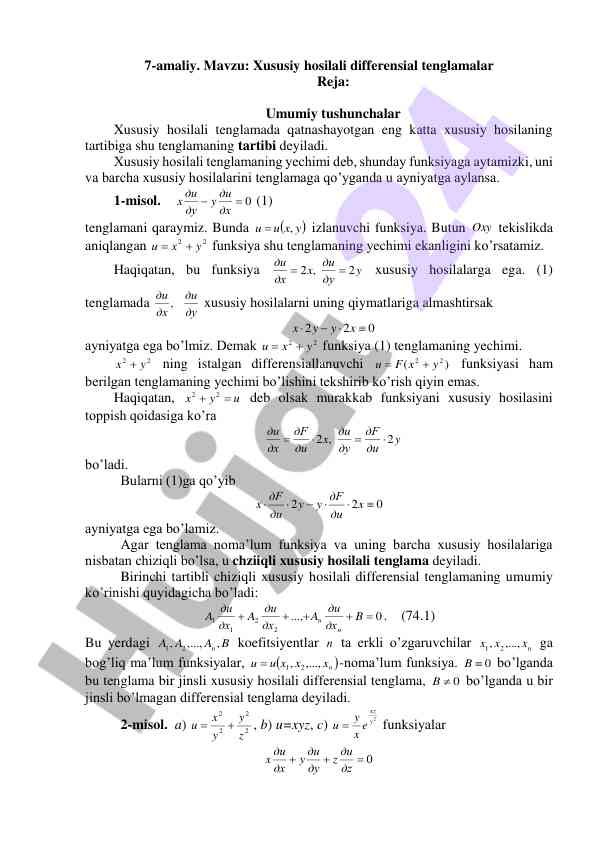 Xususiy hosilali differensial tenglamalar tasnifi