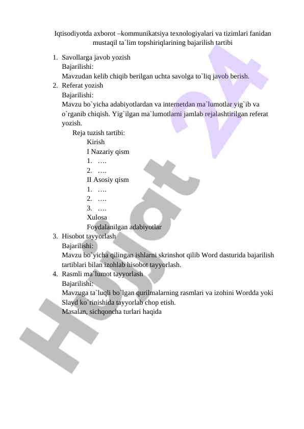 Iqtisodiyotda axborot texnologiyalari mustaqil ish