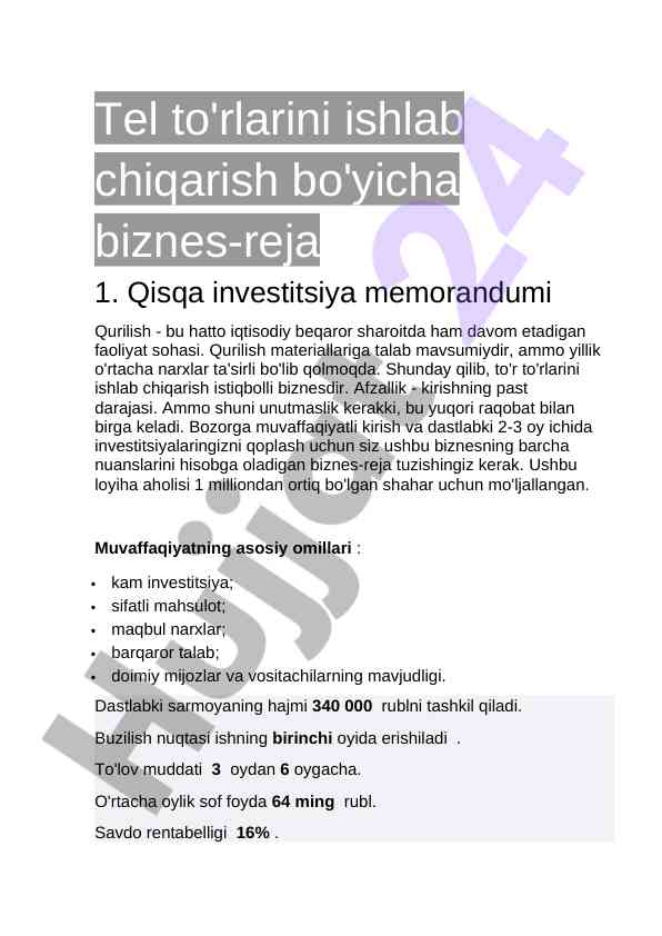 Tel to'rlarini ishlab chiqarish biznes rejasi