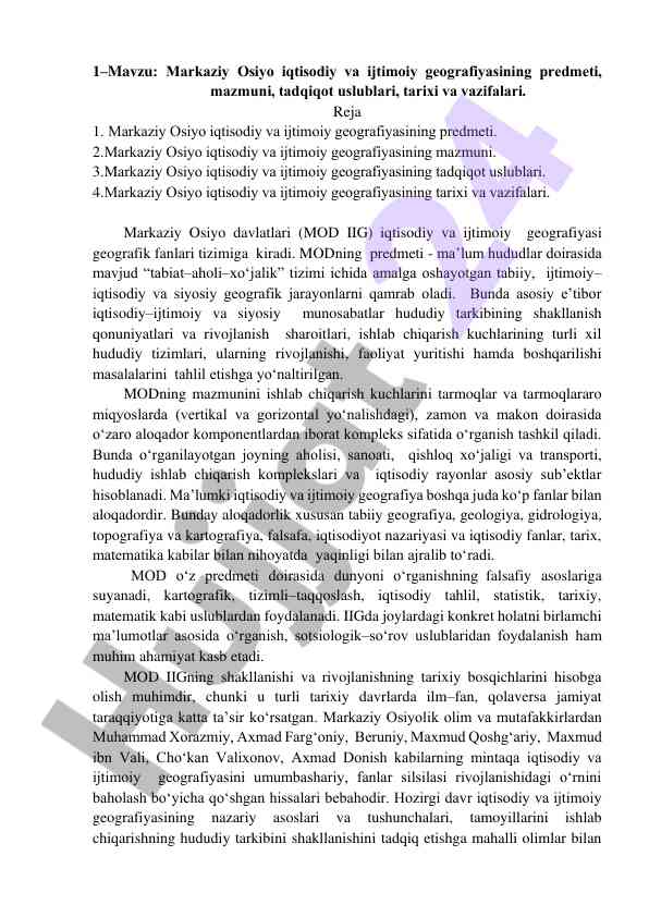 Markaziy osiyo iqtisodiy va ijtimoiy geografiya tahlili