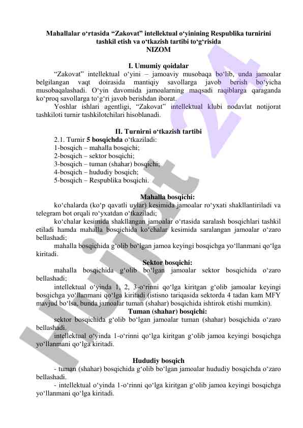 Zakovat intellektual o'yini turnirining tashkil etish tartibi