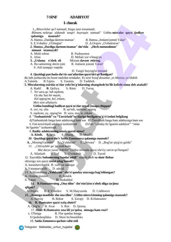 7-sinf adabiyot i chorak mashg'ulot savollari