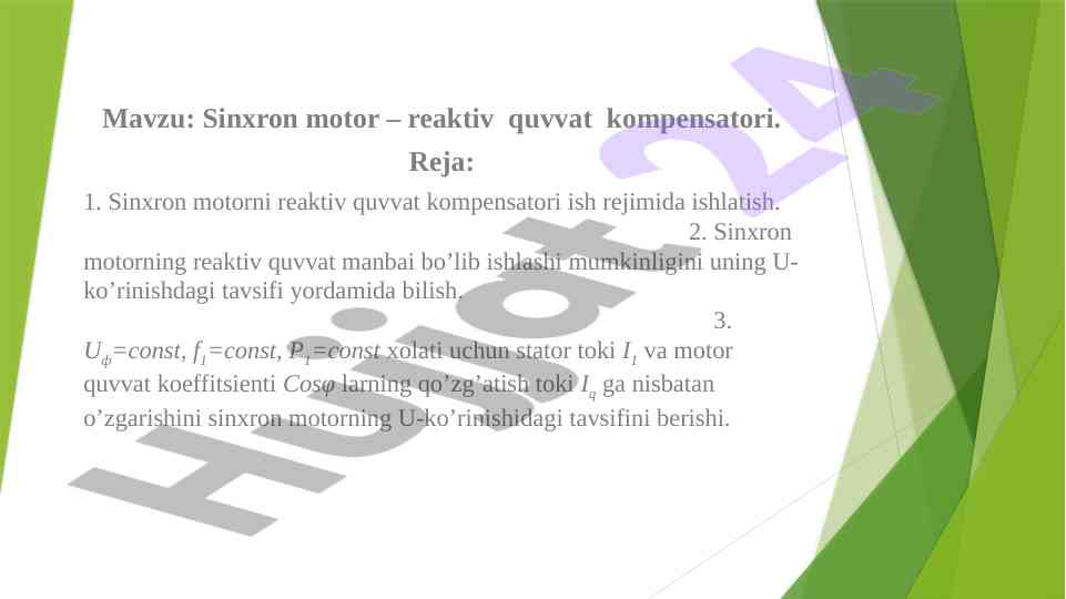 Sinxron motor – reaktiv quvvat kompensatori tahlili
