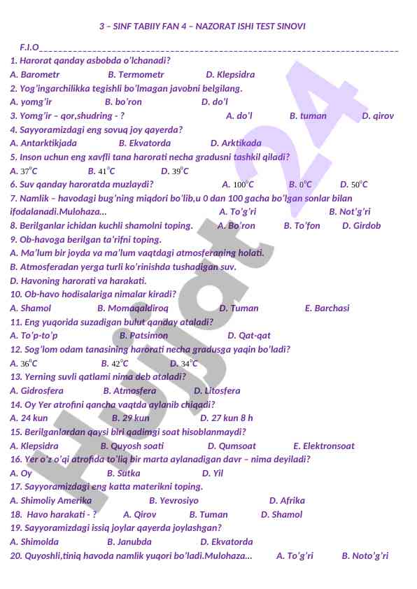 Tabiiy fan 3-sinf nazorat ishlari test sinovi