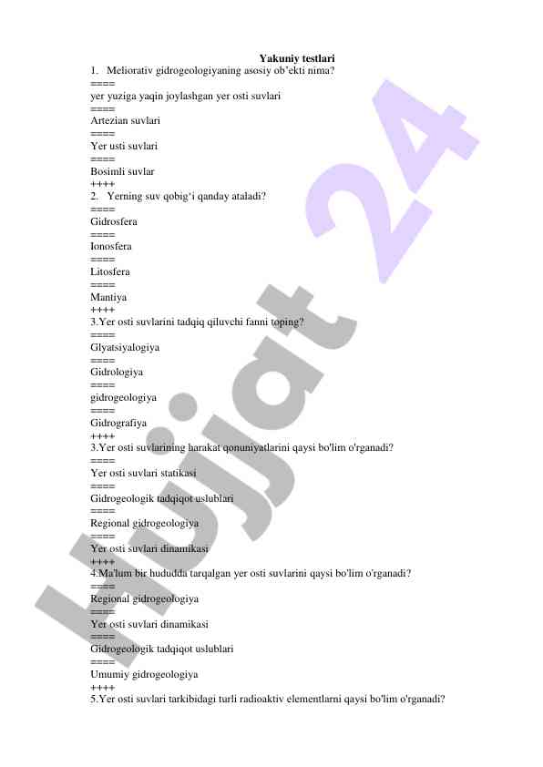 Gidrogeologiya test savollari va javoblari