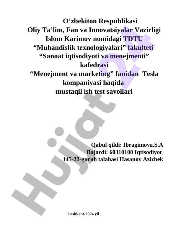 Tesla kompaniyasi menejmenti test savollari