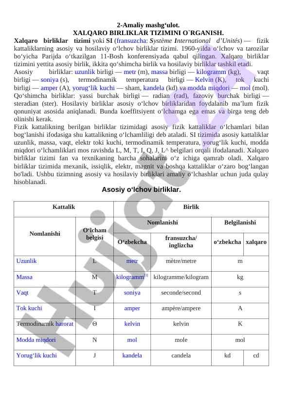 Xalqaro birliklar tizimini o‘rganish amaliy mashg‘uloti
