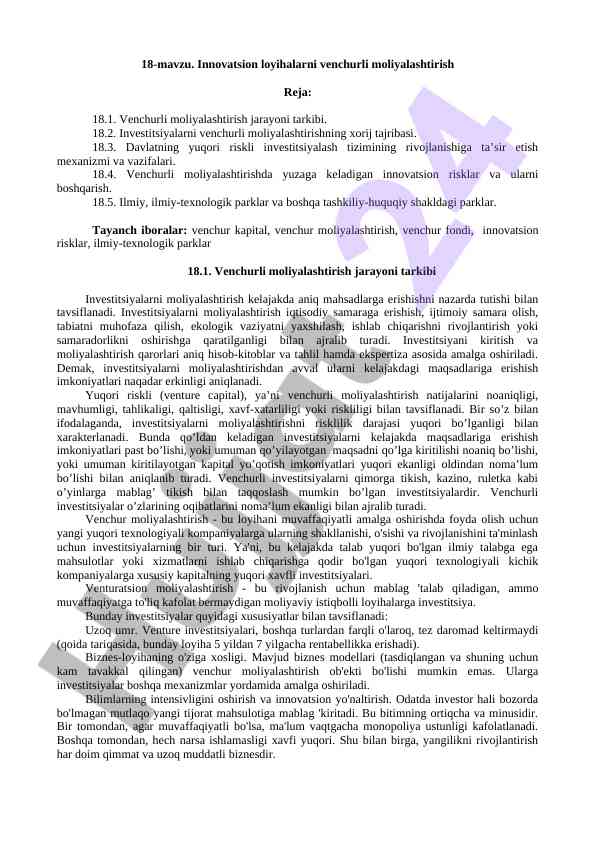 Venchurli moliyalashtirish va innovatsion risklar