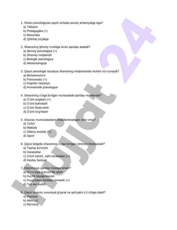 Shaxs psixologiyasi bo'yicha test savollari