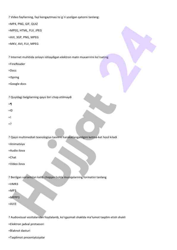 Multimedia texnologiyalari va formatlar testi