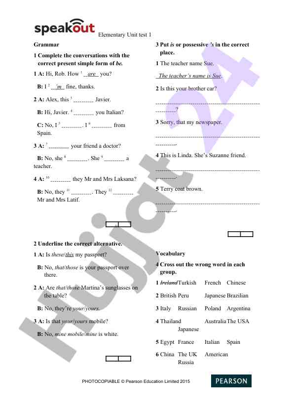 Elementary unit test 1 grammar practice