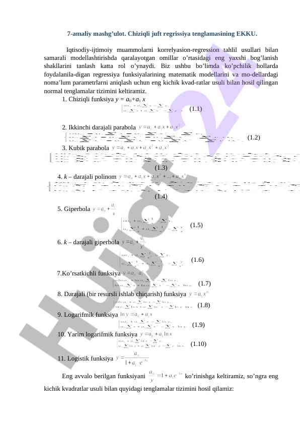 Chiziqli juft regrissiya tenglamasi loyiha tahlili
