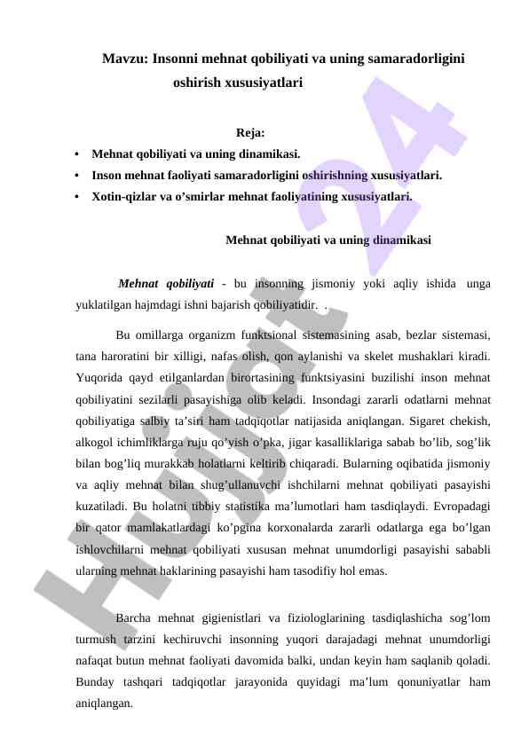 Insonni mehnat qobiliyati va samaradorligini oshirish