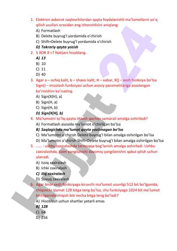 Elektron axborot saqlash texnologiyalari testi