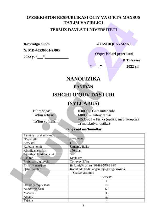 Nanofizika fanidan ishchi o‘quv dasturi
