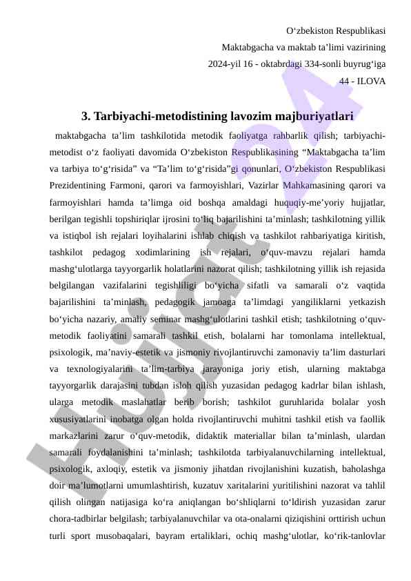 Metodistlar uchun tarbiyachi lavozim majburiyatlari