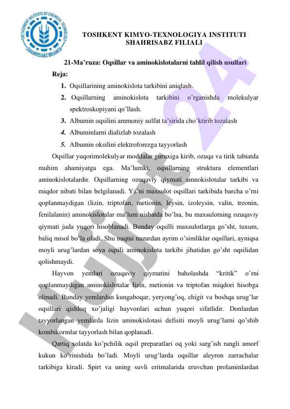 Oqsillar va aminokislotalarni tahlil qilish usullari