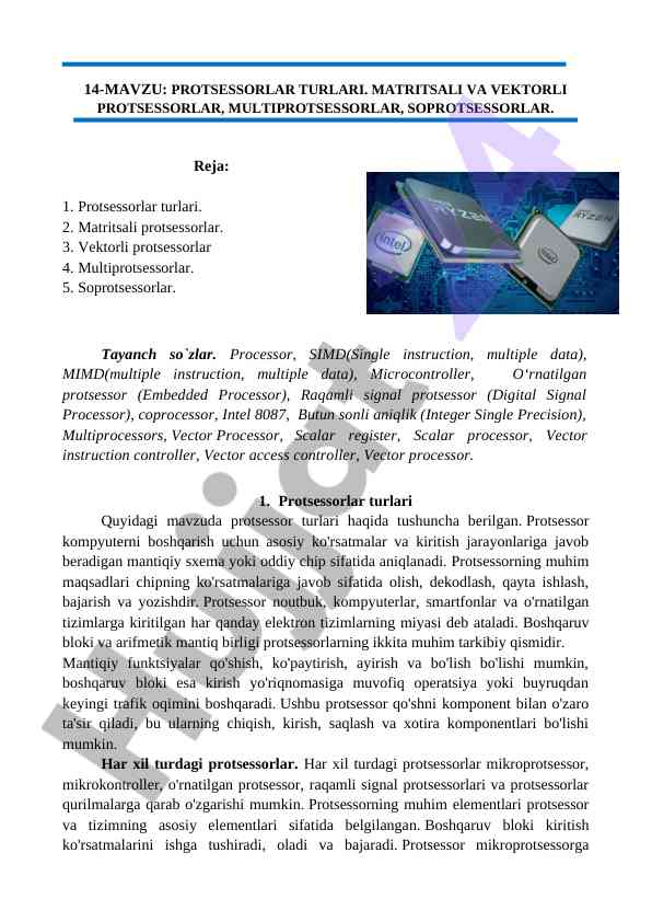 Protsessorlar turlari va ularning tizimdagi rol
