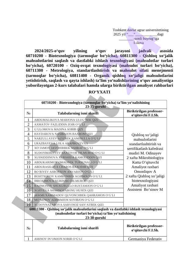 O‘quv amaliyotiga yuborilayotgan talabalar ro‘yxati