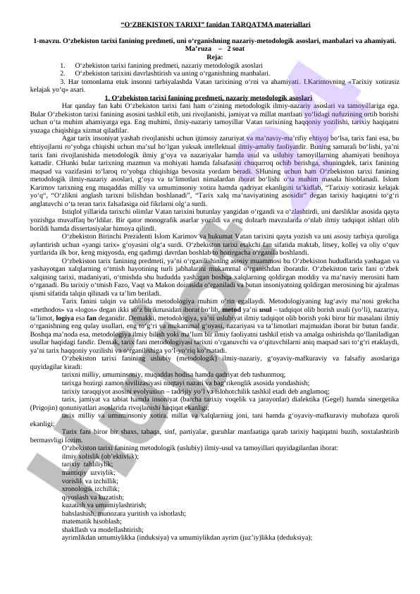O‘zbekiston tarixi fanining nazariy metodologik asoslari